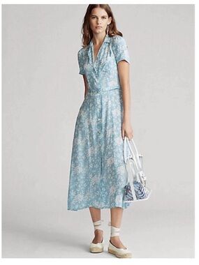 NWOT Polo by Ralph Lauren Light Blue Floral Midi Shirt Dress
